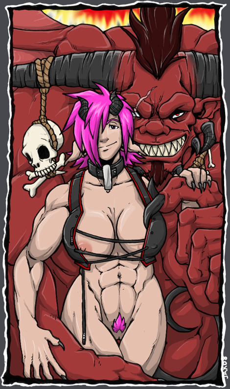 bottomless collar demon elf female horns jax_the_bat male muscles pubic_tuft scarred skimpy straight