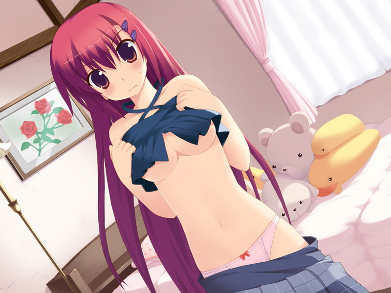 artist_request bare_shoulders bed bedroom blush breasts midriff no_bra panties red_eyes red_hair solo underboob underwear undressing very_long_hair