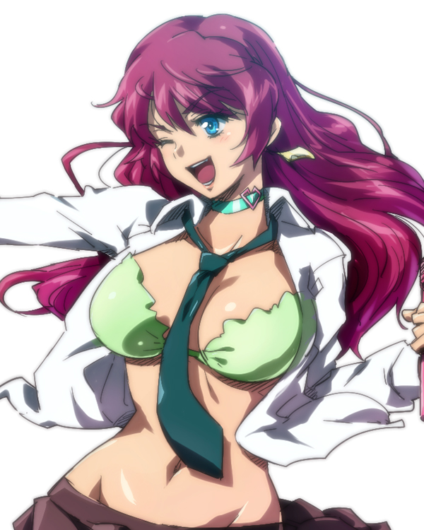 blue_eyes bra breasts character_request collar copyright_request hairu large_breasts lingerie navel necktie one_eye_closed open_clothes open_mouth open_shirt purple_hair shirt smile solo underwear