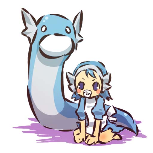 apron baby blue_eyes blue_hair blush_stickers dratini gen_1_pokemon hairband hitec moemon o_o pacifier personification pokemon pokemon_(creature)