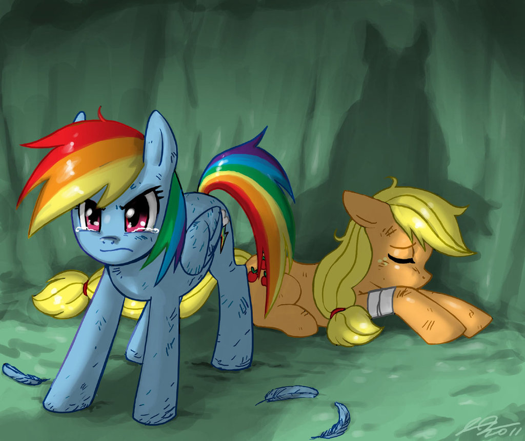 applejack_(mlp) defending equine female feral friendship_is_magic horse loyalty my_little_pony pegasus pony rainbow_dash_(mlp) tears wounded