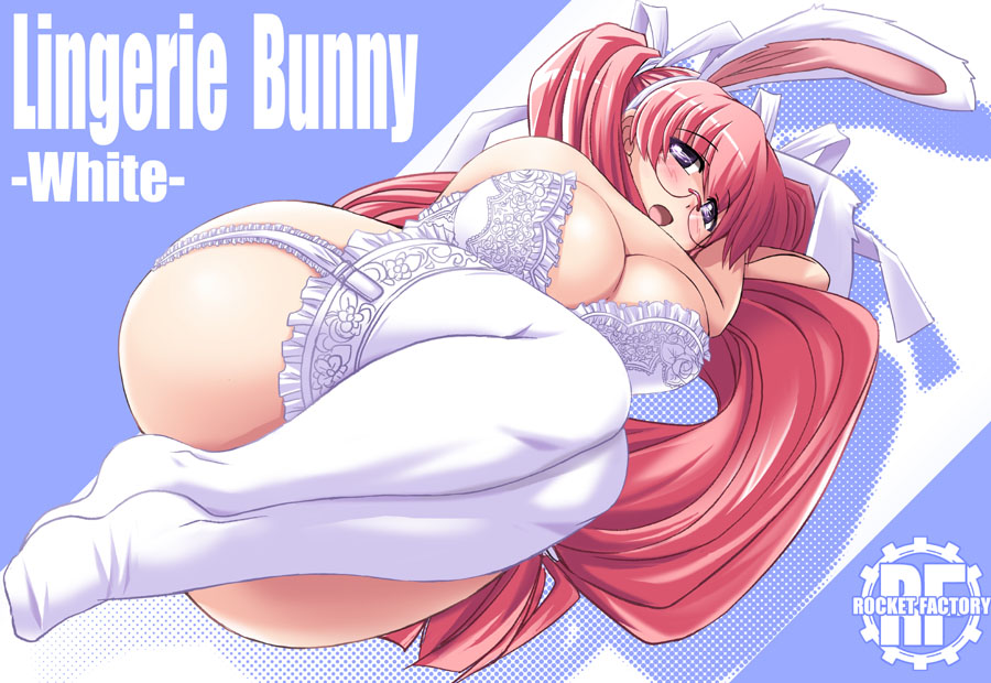 animal_ears bad_id bad_pixiv_id blush bra breasts bunny_ears cleavage eyebrows_visible_through_hair fake_animal_ears full_body garter_straps glasses huge_breasts lace lace-trimmed_bra lace-trimmed_thighhighs large_breasts legs legs_folded legs_together lingerie log-mi_(tonpuu) long_hair looking_at_viewer original pink_hair purple_eyes rimless_eyewear round_eyewear solo thick_thighs thighhighs thighs tonpuu twintails underwear white_legwear