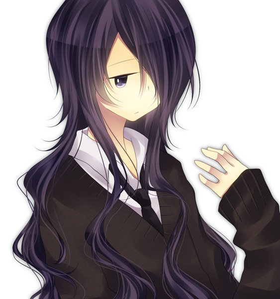 androgynous frown hair_over_one_eye long_hair male male_focus original purple_eyes purple_hair school_uniform sleeves_past_wrist sleeves_past_wrists solo somiko