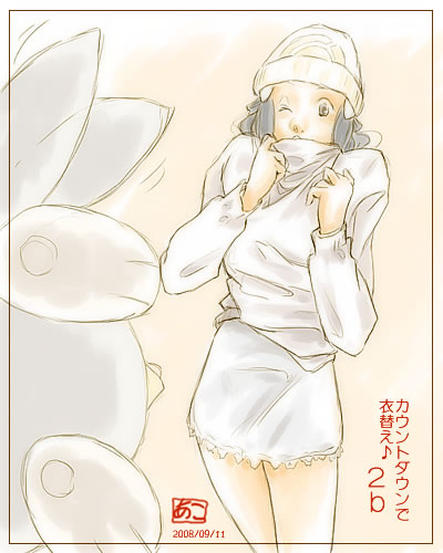 akosan alternate_costume beanie blue_hair dressing gen_4_pokemon hat hikari_(pokemon) long_hair lowres one_eye_closed pantyhose piplup pokemon pokemon_(creature) pokemon_(game) pokemon_dppt sweater winter_clothes