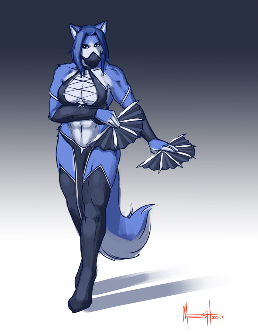 abs anthro biceps big_breasts blue blue_fur blue_hair breasts canine cosplay female fur hair hopey kitana kortana mammal meesh mortal_kombat muscles muscular_female pose solo standing tail video_games weapon wolf