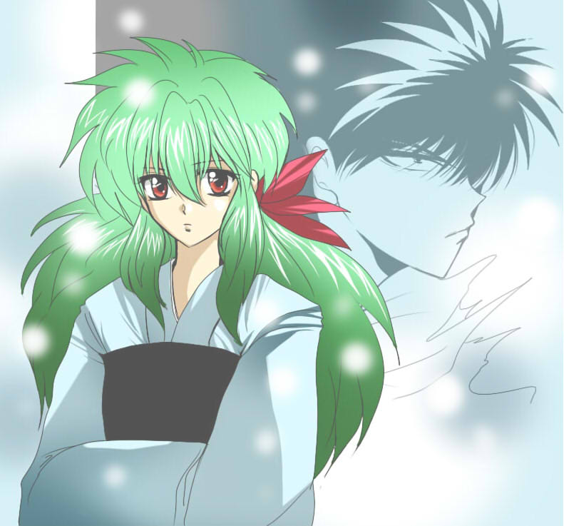 1girl ayukawamin brother_and_sister female gradient gradient_background green_hair hiei japanese_clothes kimono long_hair male partially_colored red_eyes siblings yu_yu_hakusho yukina_(yu_yu_hakusho) yuu_yuu_hakusho