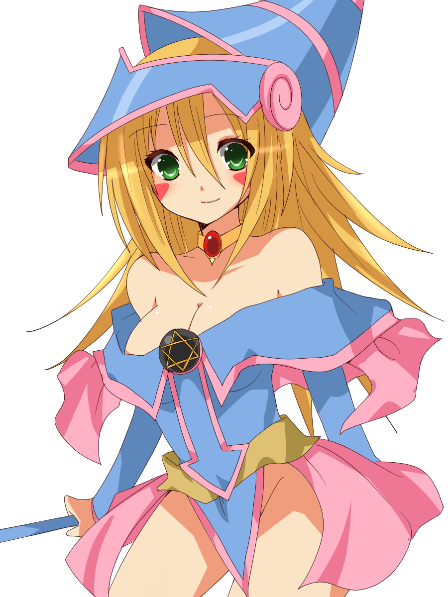 blush breasts cleavage dark_magician_girl duel_monster highres smile usame yu-gi-oh! yuu-gi-ou_duel_monsters