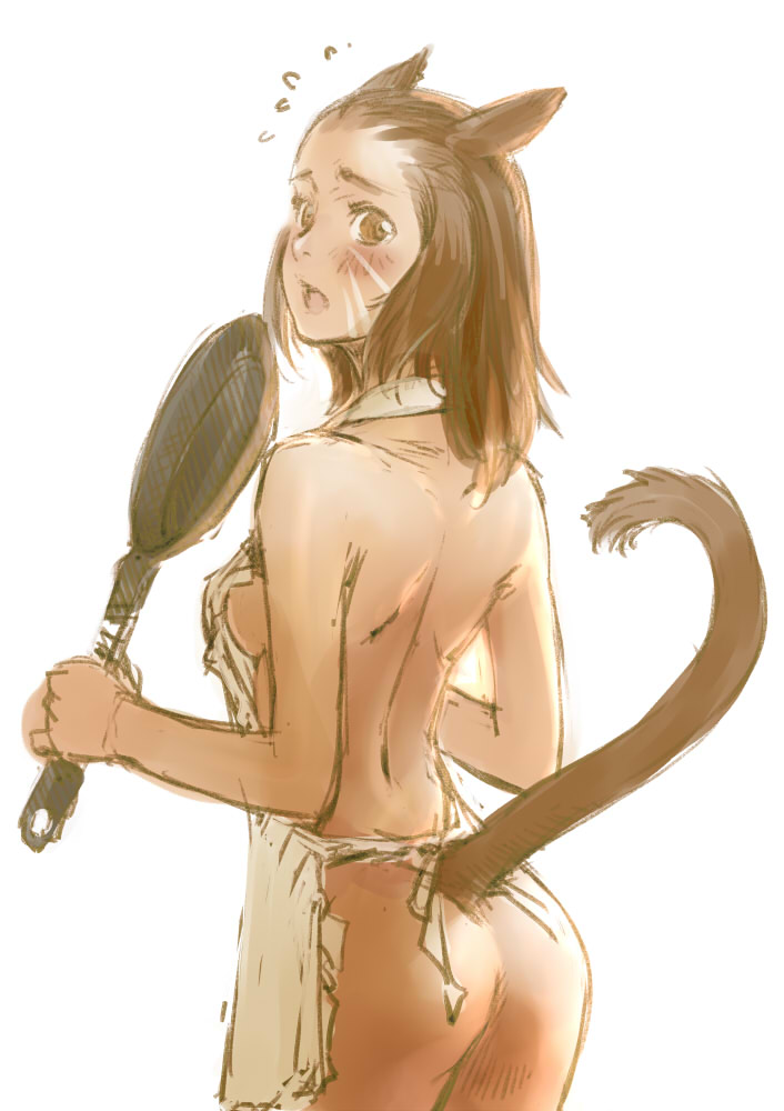 animal_ears apron ass blush branch_(blackrabbits) brown_hair cat_ears cat_tail final_fantasy final_fantasy_xi flying_sweatdrops frying_pan looking_at_viewer mithra naked_apron simple_background solo surprised tail white_background