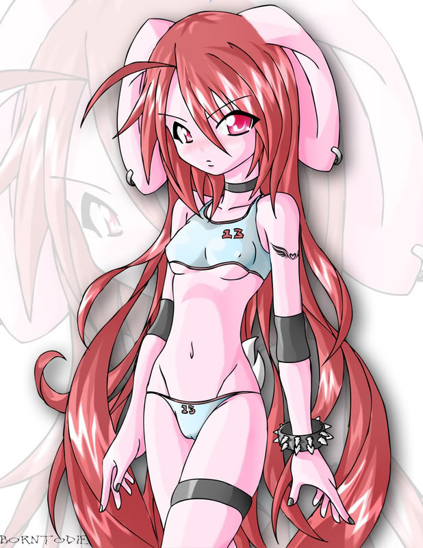 b0rn-t0-die band born-to-die bracelet bracelt breasts camel_toe clothed clothing female fur hair jewelry lagomorph long_hair looking_at_viewer mammal panties piercing pink pink_fur plain_background rabbit red_eyes red_hair skimpy small_breasts solo spikes standing tattoo top underwear white_background