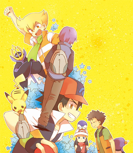 backpack bag black_hair child croagunk empoleon fingerless_gloves gloves hat hikari_(pokemon) jun_(pokemon) lowres male male_focus multiple_boys pikachu piplup poke_ball pokeball pokemon pokemon_(anime) purple_hair randoseru satoshi_(pokemon) scarf shinji_(pokemon) smile takeshi_(pokemon)