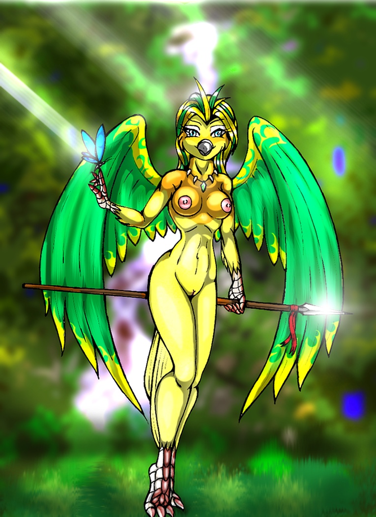 avian breasts female forest nude pussy solo tree weapon wings wood