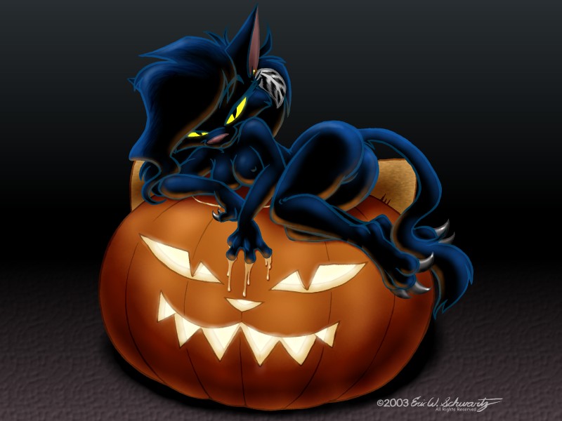 black_cat breasts butt cat clawing darke_katt eric_schwartz feline female furafterdark halloween pumpkin solo