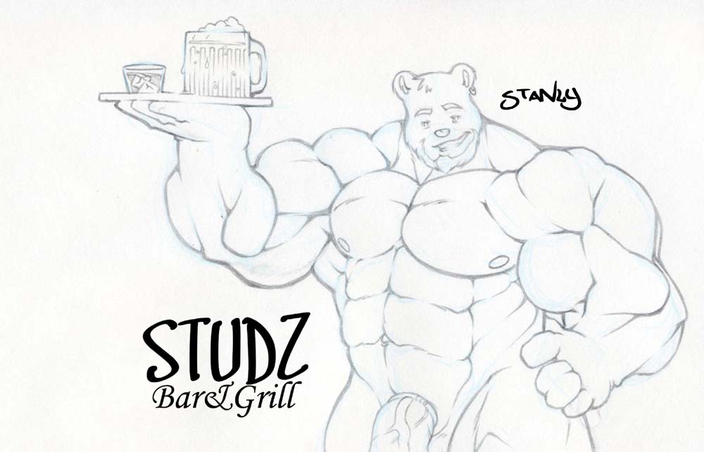alcohol bear beer grin looking_at_viewer male muscles nude penis piercing sketch solo standing tkc2021