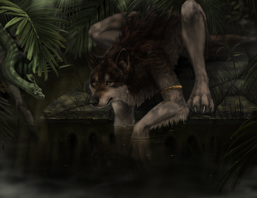 anthro canine canis feral forest fur grey jungle lupus snake tree water wolf