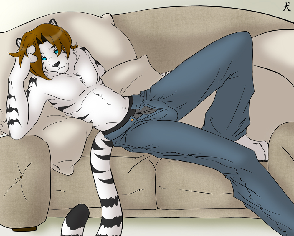 bulge feline male sofa solo straydog tiger topless white_tiger