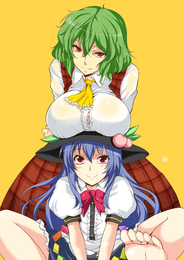 aoi_manabu ascot bare_legs barefoot between_thighs blue_hair blush breast_rest breasts breasts_on_head bursting_breasts commentary_request covered_nipples crossed_arms dress_shirt feet green_hair hat head_tilt hinanawi_tenshi kazami_yuuka large_breasts leaning_forward long_hair looking_at_viewer multiple_girls orange_background plaid plaid_shirt plaid_skirt puffy_sleeves red_eyes shirt short_hair simple_background skirt skirt_set smile standing sweat toes touhou