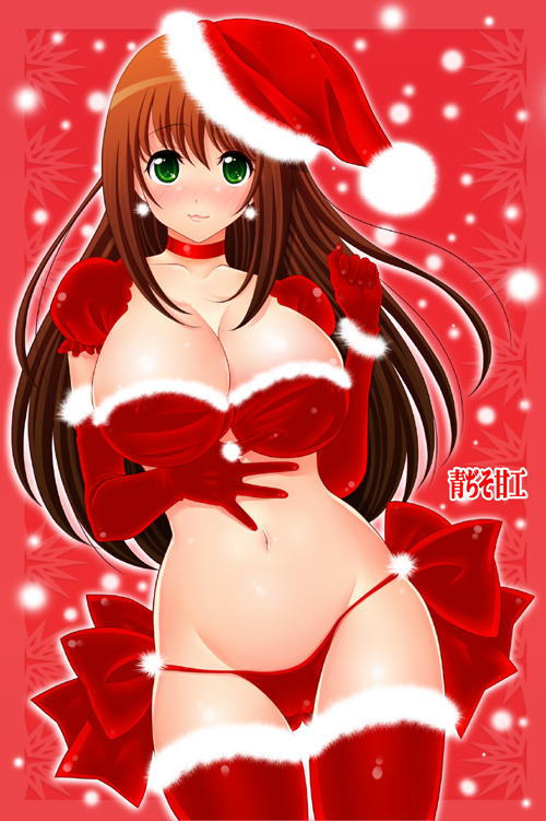 :3 blush breasts brown_hair bustier cameltoe christmas cleavage copyright_request elbow_gloves gloves green_eyes hat hida_mari huge_breasts lace lace-trimmed_thighhighs lingerie long_hair midriff panties red_gloves ribbon santa_costume santa_hat solo thighhighs underwear