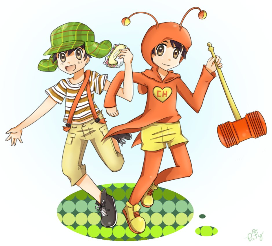 2boys :d boy brown_eyes brown_hair chapolin chaves el_chapulin_colorado el_chapulin_colorado_(character) el_chavo el_chavo_del_8 el_chavo_del_8_(character) fake_antennae hammer happy hat heart hood leggings looking_at_viewer mexico multiple_boys open_mouth sandwich short_hair shorts shorts_over_leggings simple_background smile superhero suspenders toy_hammer white_background
