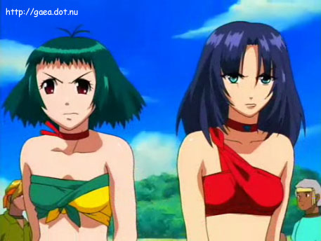 2girls angry bare_shoulders blue_hair breasts choker cloud clouds farah_oersted green_eyes green_hair long_hair marone_bluecarno red_eyes ribbon_choker rival rivalry rivals serious short_hair sky strapless tales_of_(series) tales_of_eternia