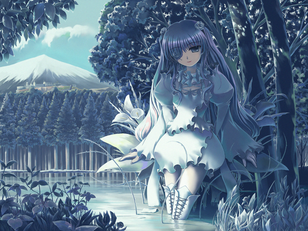 blue boots castle dress eyepatch flower forest kirakishou long_hair mountain nature pink_hair plant purple_eyes ranranloo rose rozen_maiden solo thigh_boots thighhighs tree vines water white_flower white_rose