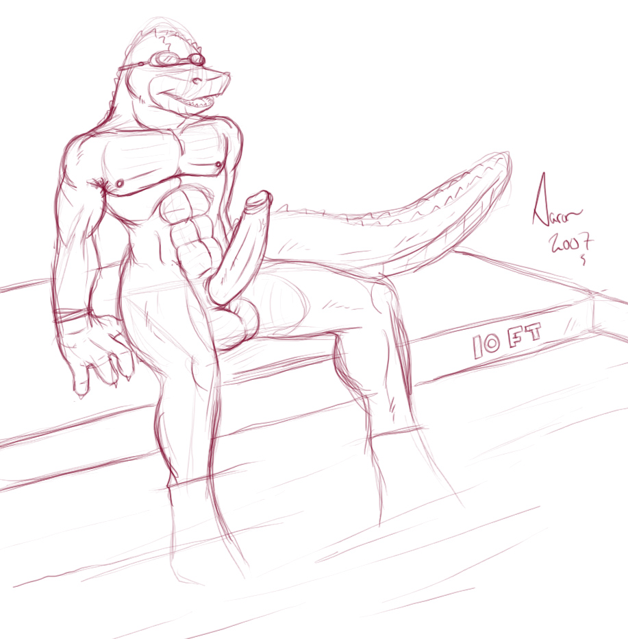 aaron alligator balls big_balls claws erection fangs gator goggles male muscles nude penis reptile scalie sheath sitting sketch solo spread_legs spreading tail