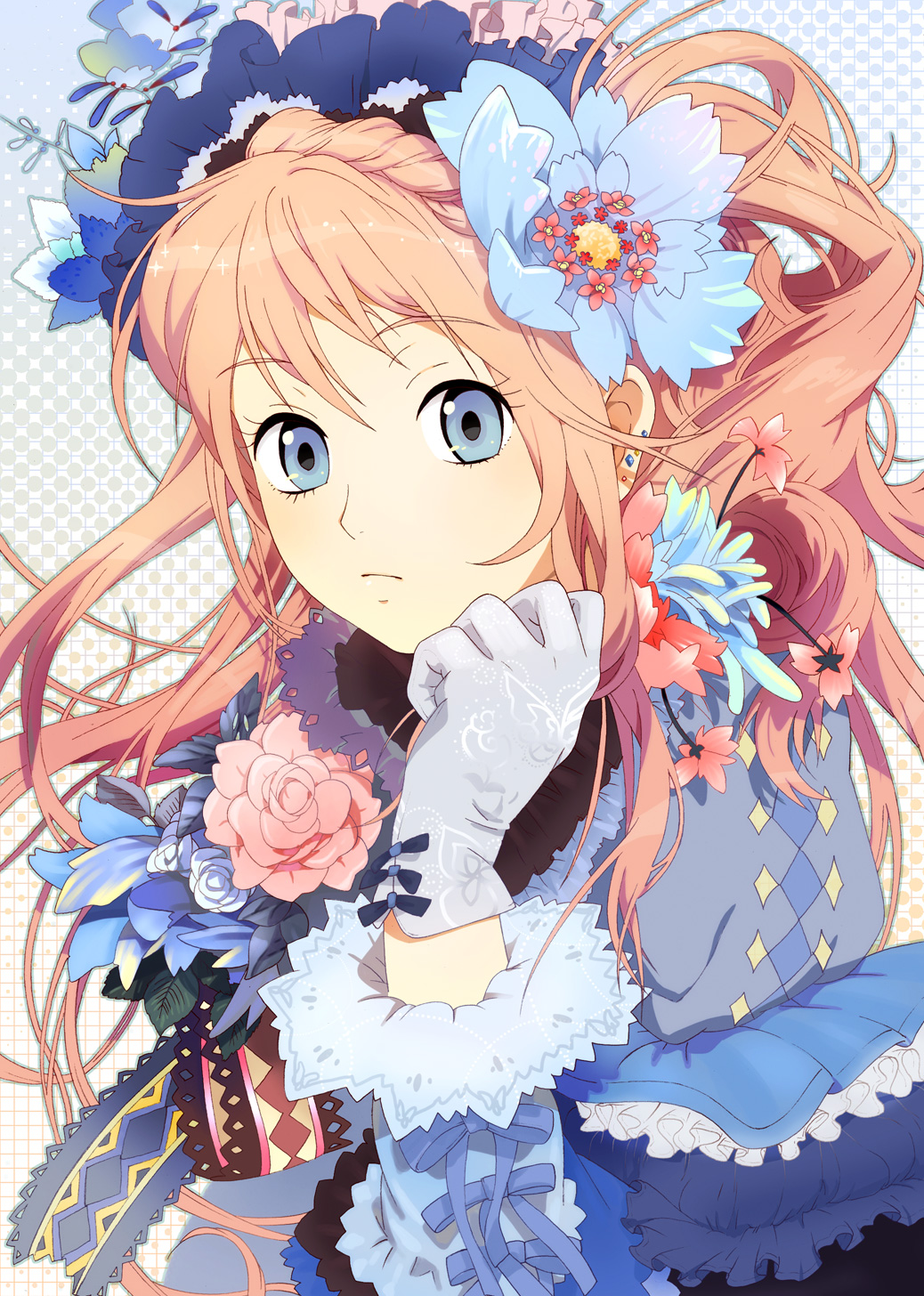 blonde_hair blue_eyes earrings face fashion flower frills gloves hair_flower hair_ornament hat highres jewelry original solo too_many too_many_frills umishima_senbon