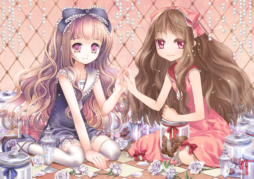 2girls bow brown_hair candy dress hair_bow hand_holding headband kazumi long_hair mary_janes multiple_girls original red_eyes shoes smile thighhighs very_long_hair white_legwear white_thighhighs