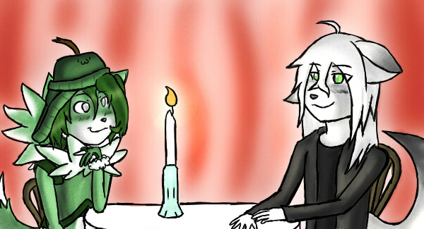 ambiguous_gender anthro candle canine couple duo eye_contact green_eyes green_hair hair madadh_ruadh mammal meilyss melyss poorly_drawn_drapes sitting unknown_species white_hair zerineth