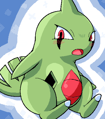 g-sun green larvitar looking_at_viewer pok&eacute;mon red_eyes sitting solo tail