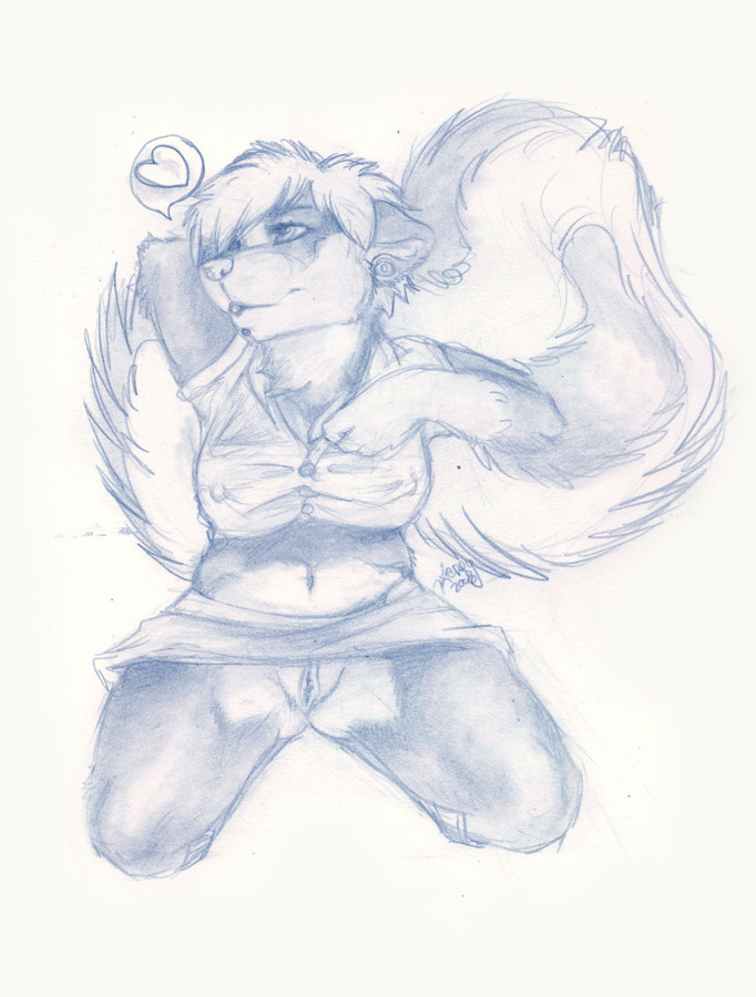&hearts; bottomless chubby female kappy kappy_(character) kneeling midriff schoolgirl skunk solo teen upskirt