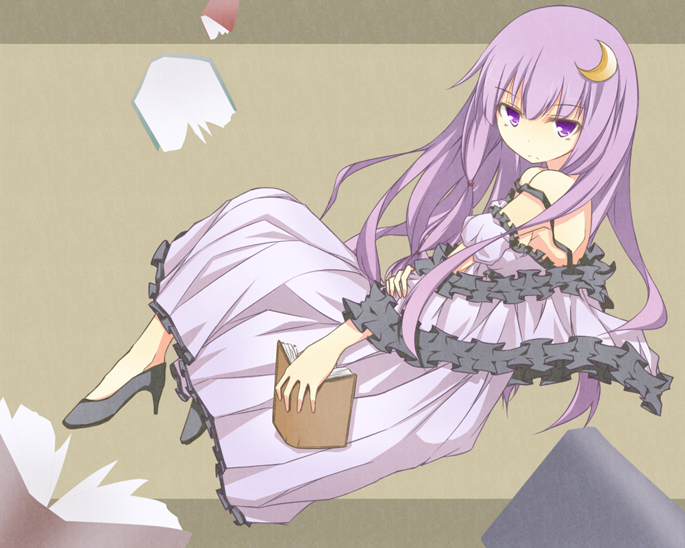 alternate_costume an_(angular-angler) bad_id bad_pixiv_id bare_shoulders book crescent crescent_hair_ornament dress frills hair_ornament high_heels long_hair no_hat no_headwear patchouli_knowledge purple_eyes purple_hair shawl shoes solo strap_slip touhou