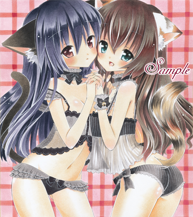 animal_ears ass ayuayu babydoll bad_id bad_pixiv_id blush breasts camisole cat_ears cleavage lingerie multiple_girls navel original panties sample see-through small_breasts tail underwear