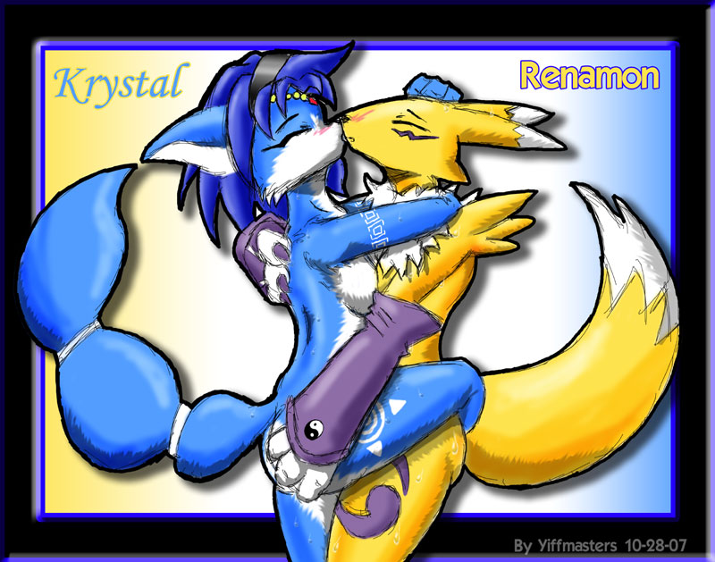 canine crossover digimon female fox hug kissing krystal lesbian mammal nintendo nude renamon star_fox video_games yiffmasters