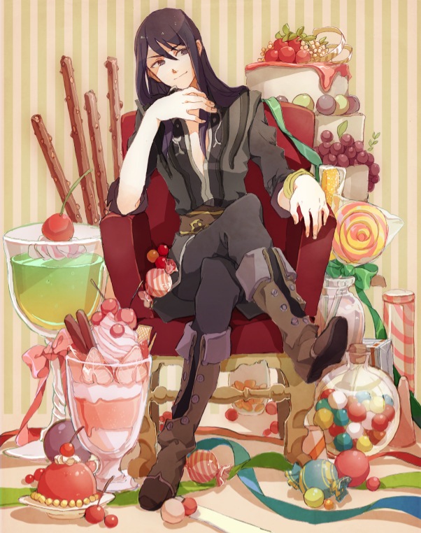 bad_id bad_pixiv_id black_eyes black_hair boots bow bracelet cake candy chair cherry chewing_gum coat crossed_legs food fruit full_body grapes grey_footwear gumball jar jewelry knee_boots lollipop long_hair male_focus open_clothes open_shirt pants parfait ribbon shirt sitting smile solo strawberry sweets tales_of_(series) tales_of_vesperia yubari yuri_lowell