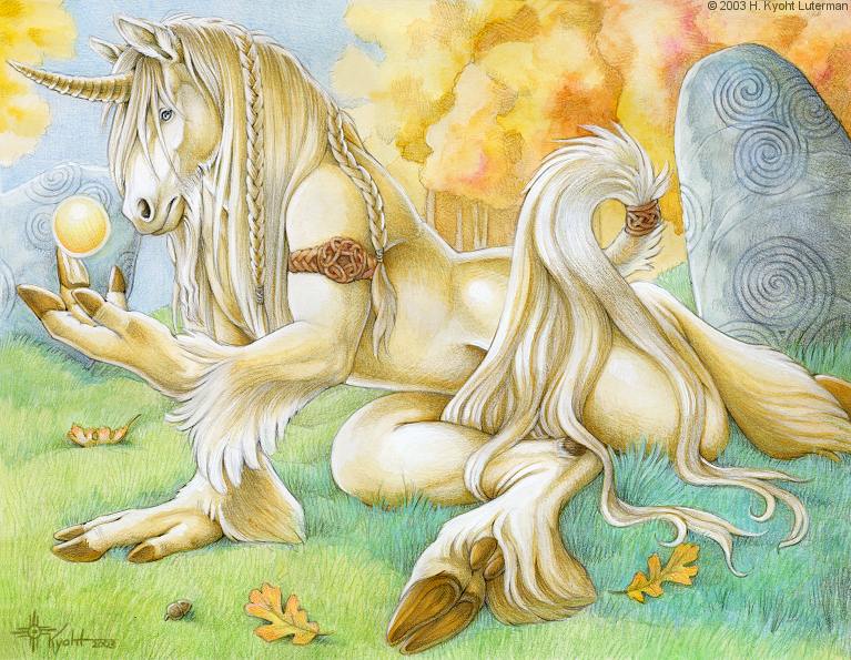 acorn armband blue_eyes braids equine forest grass hooves kyoht_luterman leaf male nude solo tail_ring tree unicorn white