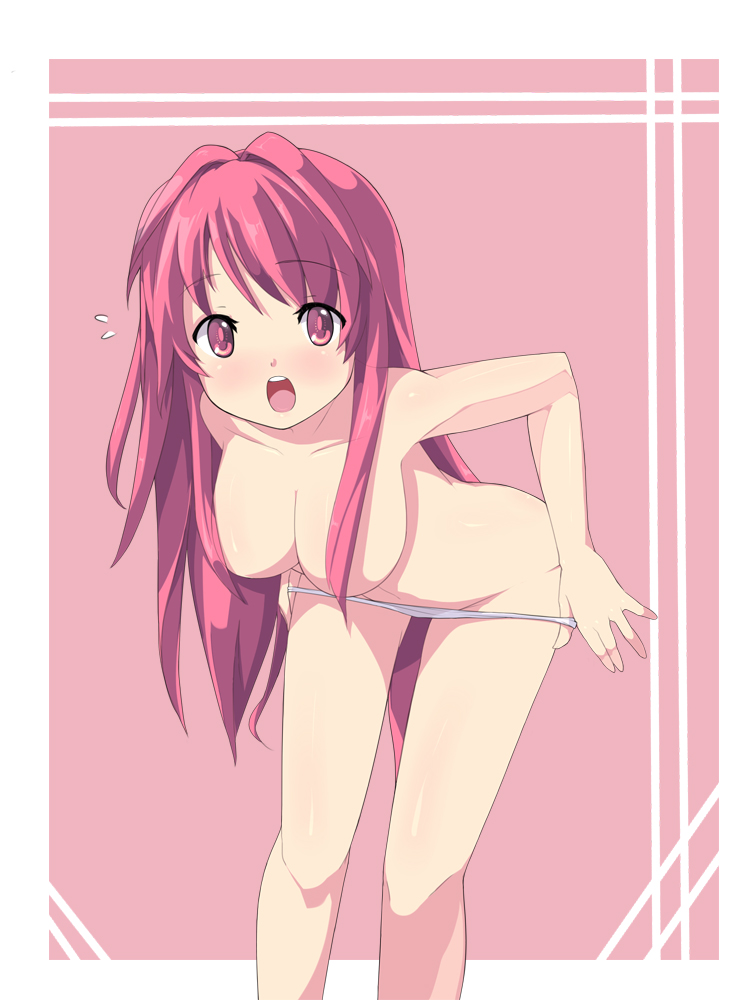 bent_over blush breasts censored cleavage convenient_censoring covering female leaning_forward long_hair open_mouth original panties panty_pull pink_eyes pink_hair saiste solo topless underwear undressing very_long_hair
