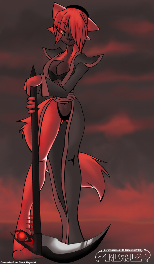 2006 amber_eyes death_(personification) female hair looking_at_viewer open_shirt red_hair scythe short_hair short_red_hair skimpy solo standing tail tailsrulz weapon