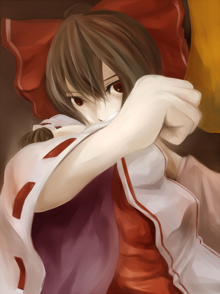 bow brown_eyes brown_hair clenched_hand foreshortening ghostshell0083 hair_bow hakurei_reimu solo touhou