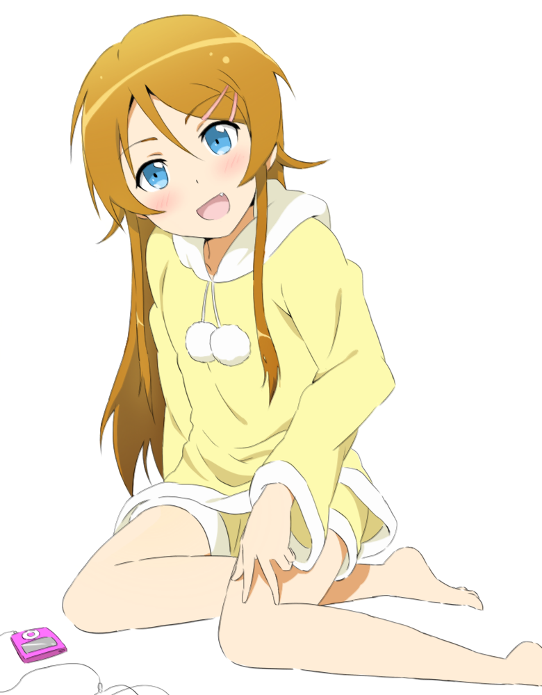 bad_id bad_pixiv_id barefoot blue_eyes cellphone fang hair_ornament hairclip kousaka_kirino long_hair orange_eyes ore_no_imouto_ga_konna_ni_kawaii_wake_ga_nai phone ropcandy solo