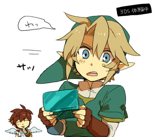 artist_request blonde_hair blue_eyes brown_hair earrings gloves handheld_game_console hat jewelry kid_icarus link male_focus multiple_boys nintendo_3ds pit_(kid_icarus) pointy_ears smile super_smash_bros. the_legend_of_zelda the_legend_of_zelda:_twilight_princess wings