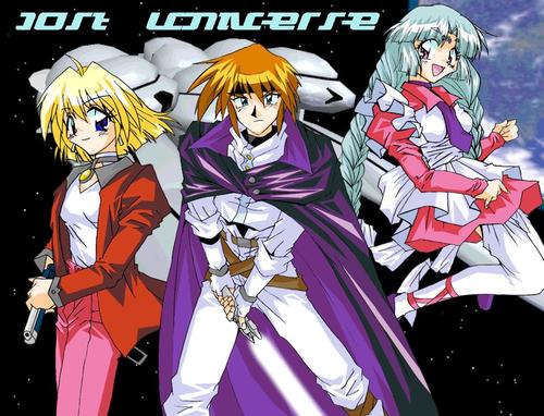 1boy 2girls aqua_hair belt blonde_hair blue_eyes braid canal_vorfeed cape choker dress earrings energy_sword english fingerless_gloves gloves gun happy headband holding jacket jewelry kane_blueriver kneeling lightsaber long_hair lost_universe lowres maid male millennium_feria_nocturne multiple_girls necklace open_mouth pants planet purple_eyes red_hair serious shoes short_hair smile space space_craft spaceship sword thighhighs twin_braids weapon