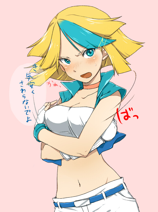 blonde_hair blue_eye_(pokemon) blue_eyes blush breasts fingerless_gloves gloves pokemon pokemon_(game) pokemon_ranger pokemon_ranger_traces_of_light