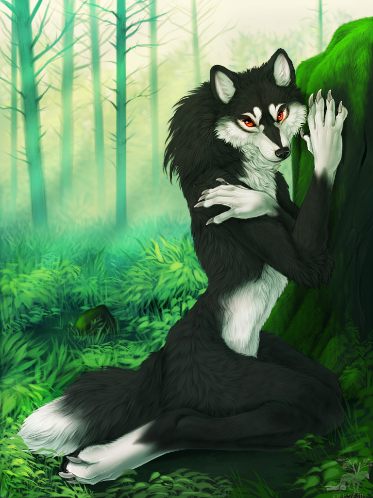 canine carowyn female forest kesame kneeling looking_at_viewer mane_hair nude red_eyes shy solo tree wolf