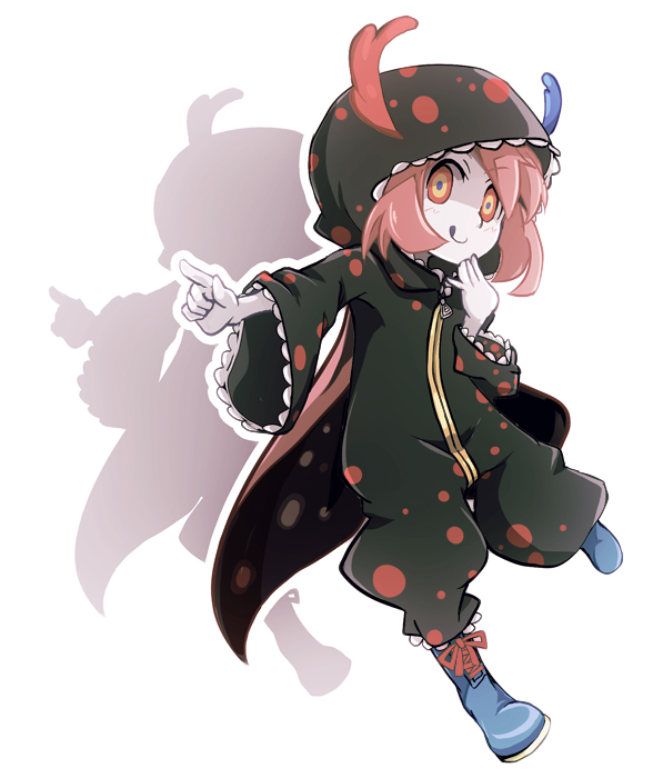 :q blue_eyes boots cape charlotte_(madoka_magica) finger_to_mouth hood hoodie mahou_shoujo_madoka_magica multicolored multicolored_eyes personification pink_hair pointing red_eyes shadow short_hair solo tom_(drpow) tongue tongue_out yellow_eyes zipper