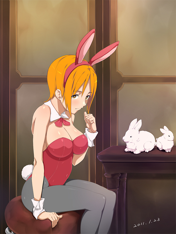 animal_ears breasts bunny bunny_ears bunny_tail bunnysuit cleavage dated detached_collar large_breasts legs menosuke orange_hair original pantyhose short_hair sitting solo tail thighs wrist_cuffs