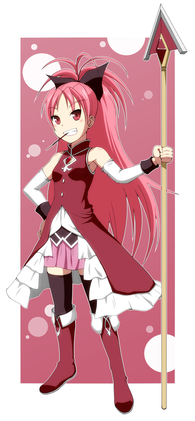bare_shoulders black_legwear boots detached_sleeves food grin hand_on_hip highres long_hair magical_girl mahou_shoujo_madoka_magica ookami_maito pink_eyes pink_hair pocky polearm ponytail sakura_kyouko smile solo spear standing thighhighs weapon zettai_ryouiki