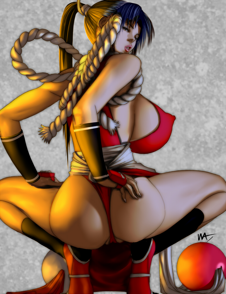 ass bad_id bad_pixiv_id bare_shoulders breasts brown_eyes brown_hair fatal_fury huge_breasts japanese_clothes legs long_hair nipples panties pelvic_curtain ponytail revealing_clothes shiranui_mai sideboob solo squatting the_king_of_fighters thighs underwear wakino_keibun
