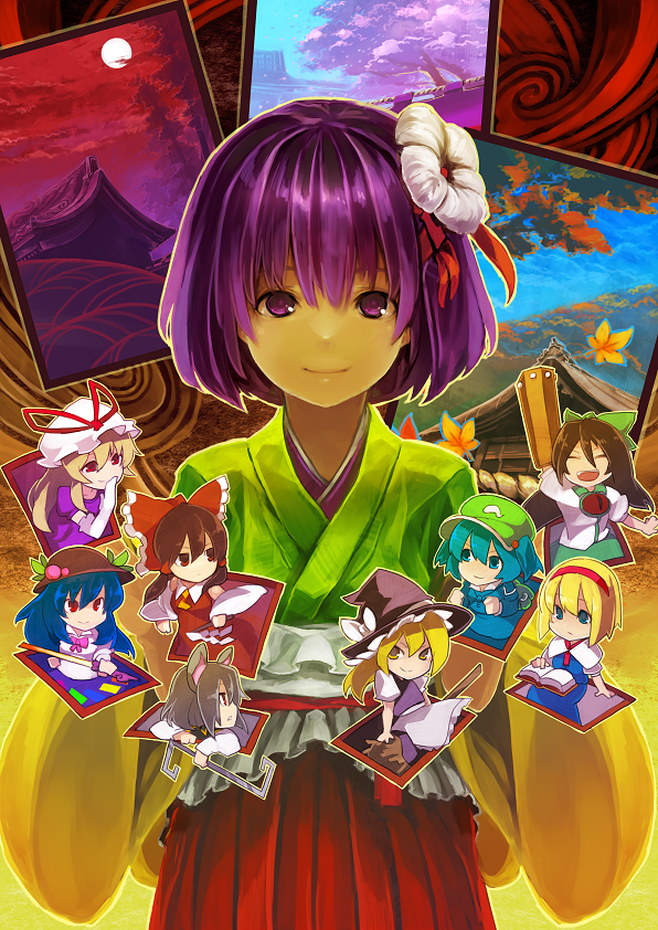 alice_margatroid chibi everyone face flower hair_flower hair_ornament hakurei_reimu hieda_no_akyuu hinanawi_tenshi japanese_clothes kawashiro_nitori kirisame_marisa kitsune_(kazenouta) lips multiple_girls nazrin purple_eyes purple_hair reiuji_utsuho short_hair smile touhou yakumo_yukari