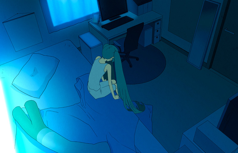 arm_support bad_id bad_pixiv_id bare_shoulders bed body_pillow capri_pants chair computer from_above from_behind green_hair hatsune_miku keyboard_(computer) long_hair monitor office_chair pants pillow room sitting solo spring_onion table tank_top twintails very_long_hair vocaloid yuanmaru