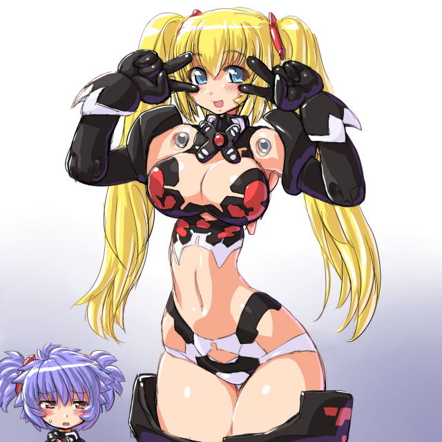alternate_costume altines altrene armor bad_id bad_pixiv_id bikini_armor blonde_hair blue_eyes blue_hair breasts busou_shinki dd_(ijigendd) doll_joints double_v elbow_gloves gloves green_hair large_breasts mecha_musume multiple_girls red_eyes revealing_clothes short_hair thighhighs twintails v